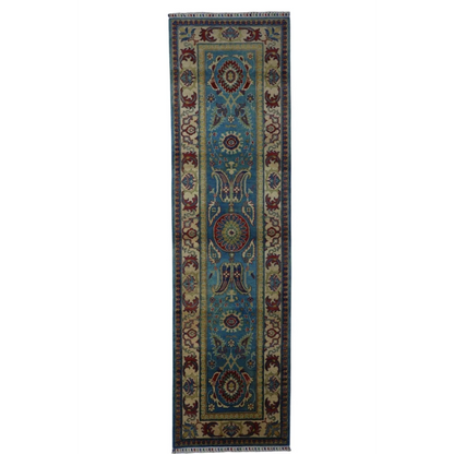 Stunning blue Kazak runner rug from Afghanistan with cotton foundation