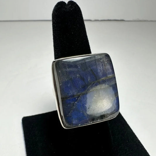 Stunning square-cut blue labradorite ring in sterling silver