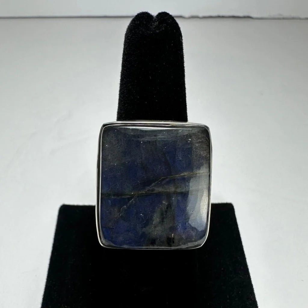 Stunning blue labradorite ring in sterling silver with square-cut gem