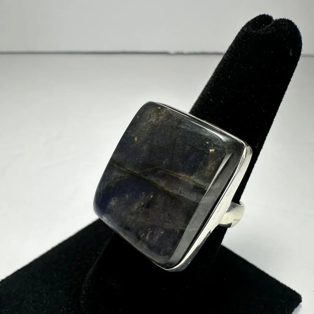 Stunning blue labradorite ring in sterling silver with square-cut stone