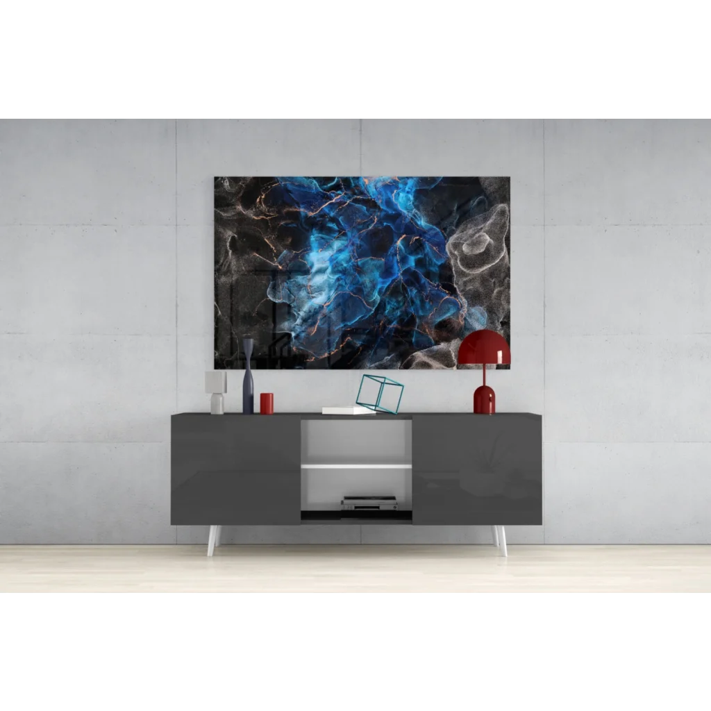 Stunning blue marble glass wall art with copper glow on gray console