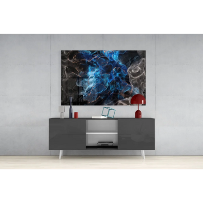Stunning blue marble glass wall art with copper glow on gray console