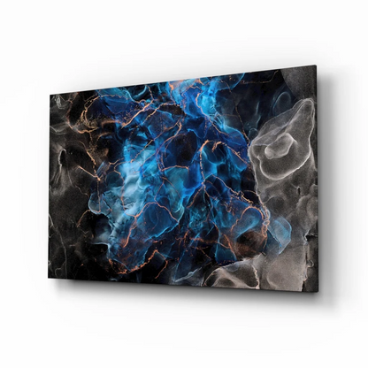 Stunning blue marble glass wall art with swirling ink and copper veins