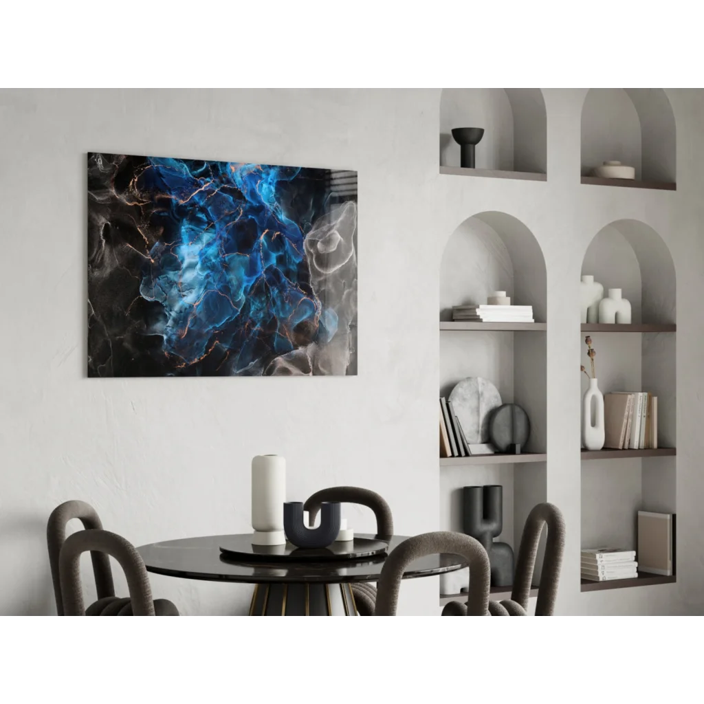 Stunning blue marble glass wall art with cosmic swirls and copper glow on white wall