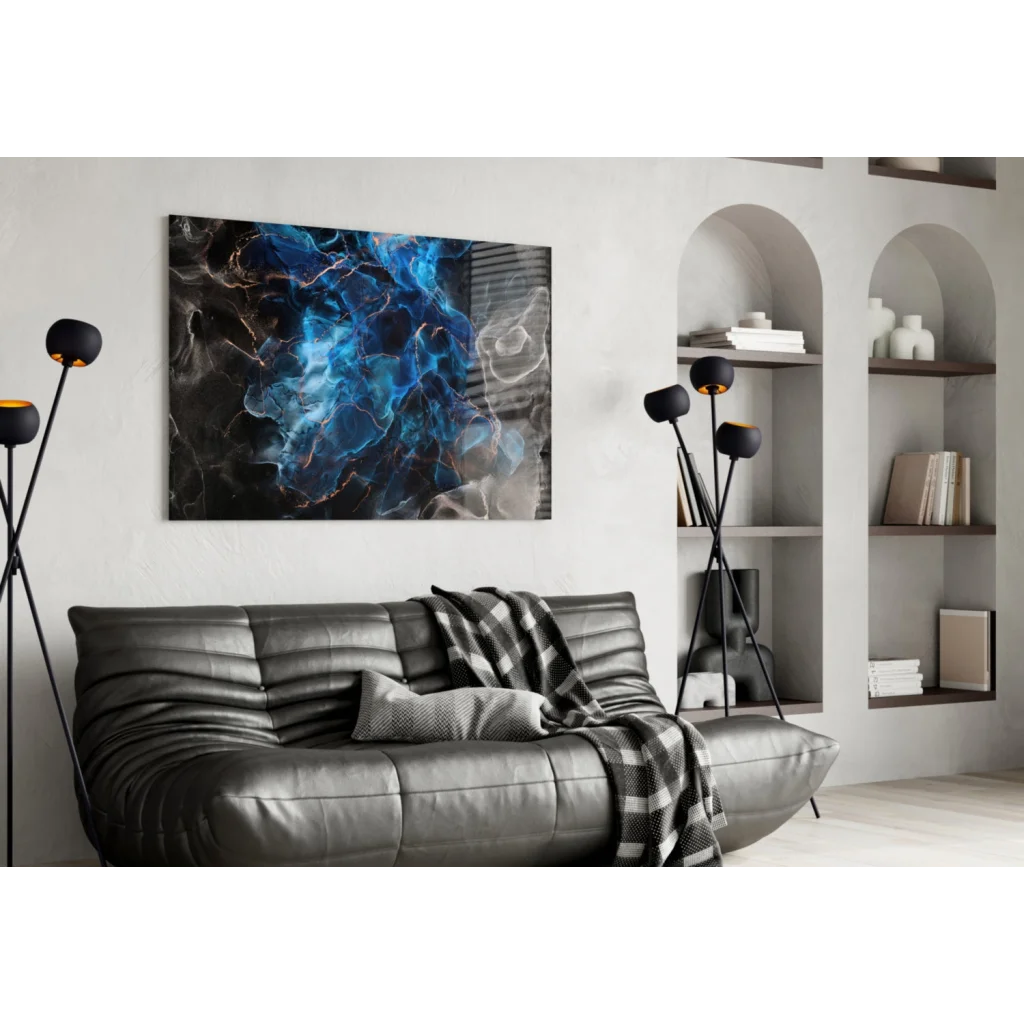 Stunning blue marble glass wall art with copper glow and black leather sofa
