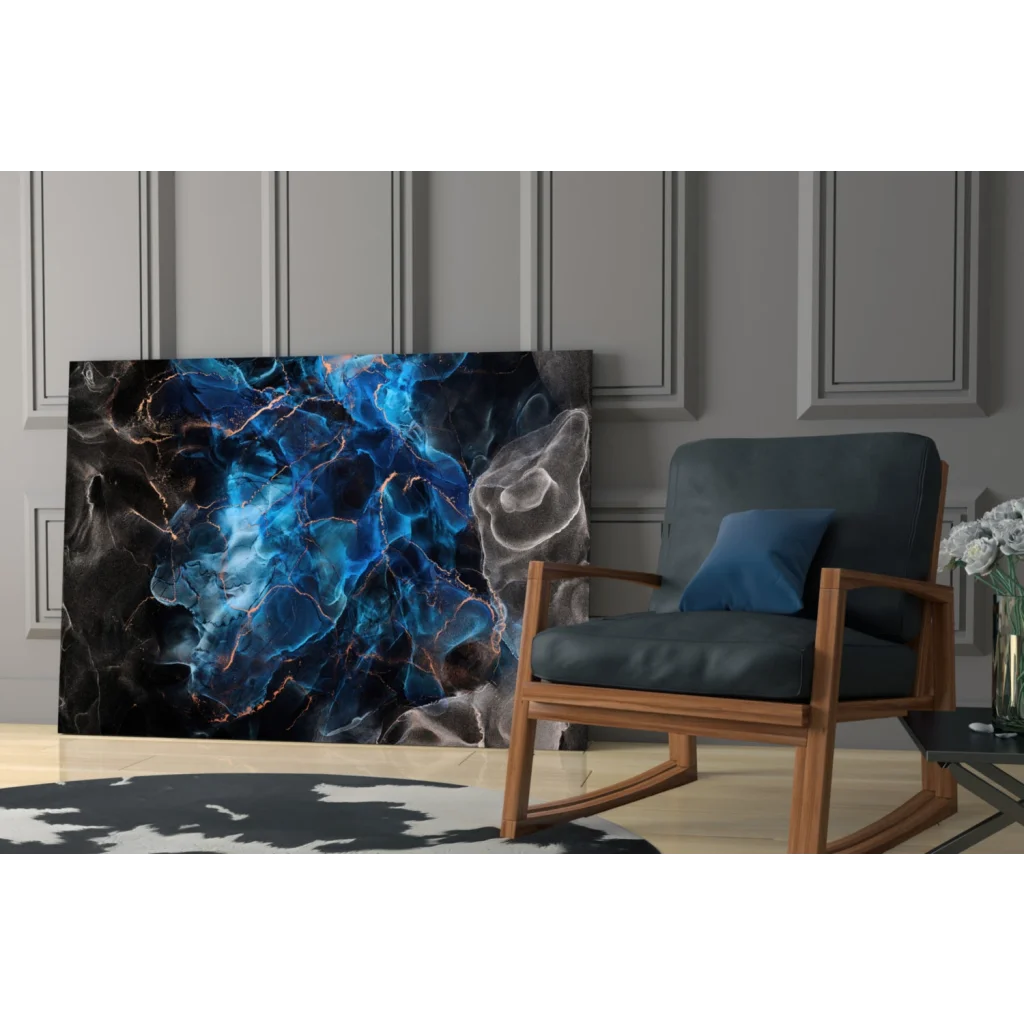 Stunning blue marble glass wall art with copper glow swirls