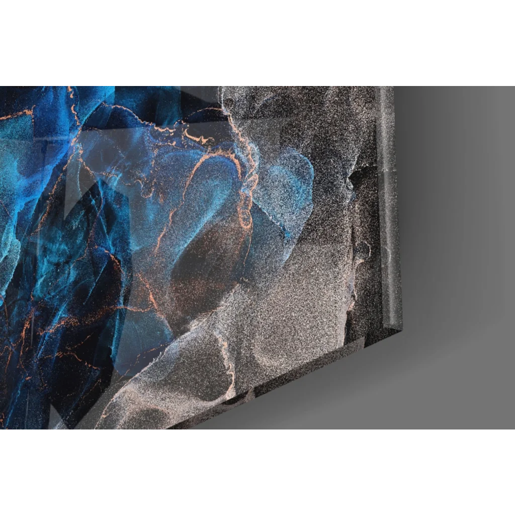 Sleek blue marble glass wall art with copper glow and gold veins