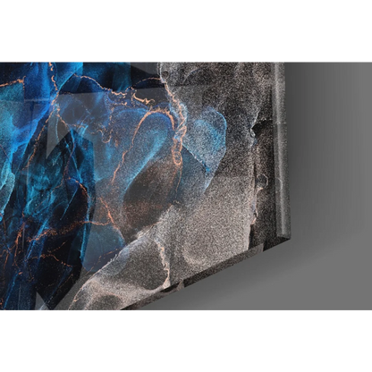 Sleek blue marble glass wall art with copper glow and gold veins