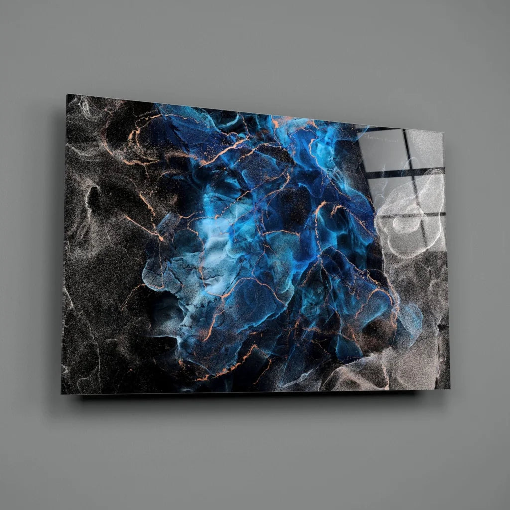 Stunning blue marble glass wall art with black abstract gold veining and glossy copper glow