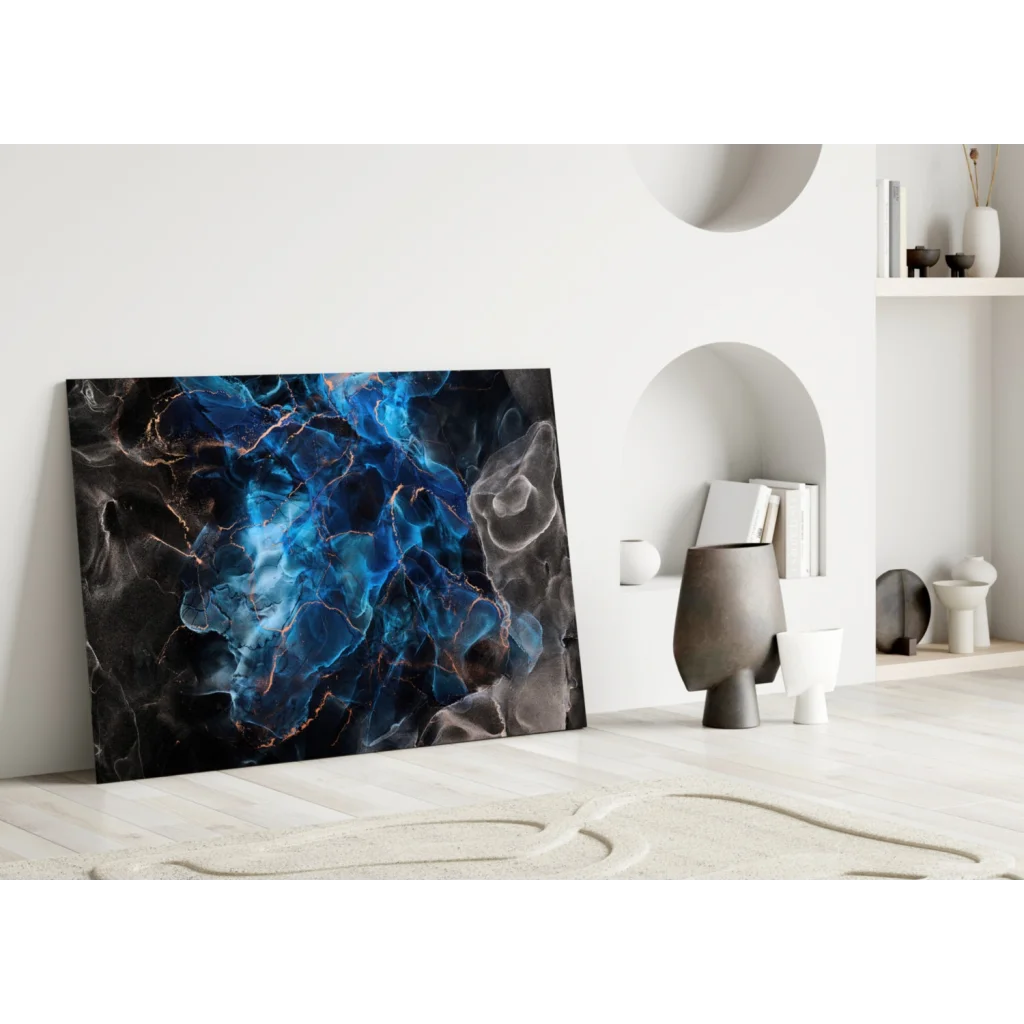 Stunning blue marble glass wall art with copper glow veins