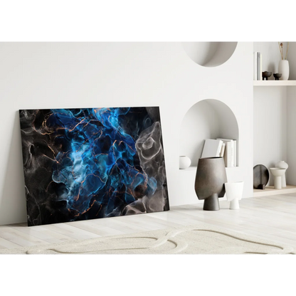 Stunning blue marble glass wall art with copper glow veins