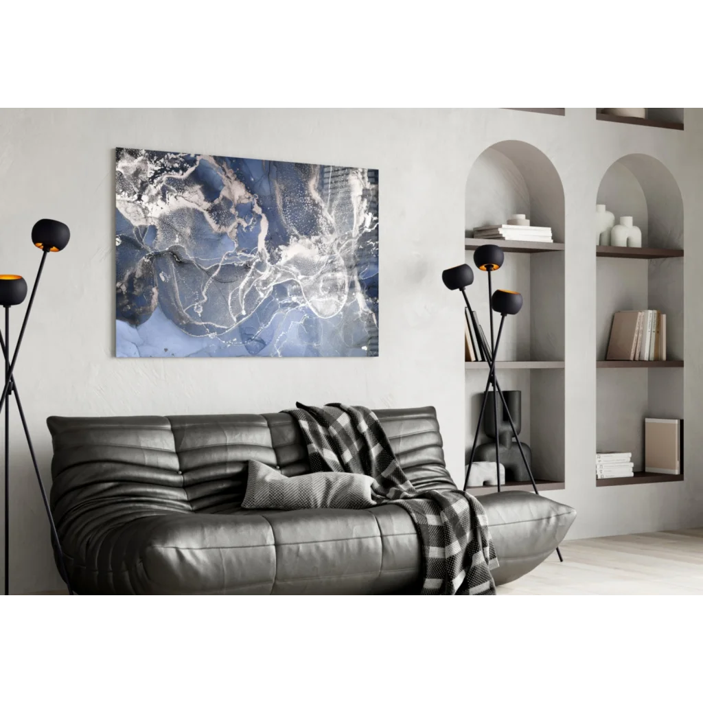 Stunning blue marble world map glass wall art with leather sofa and black checkered throw