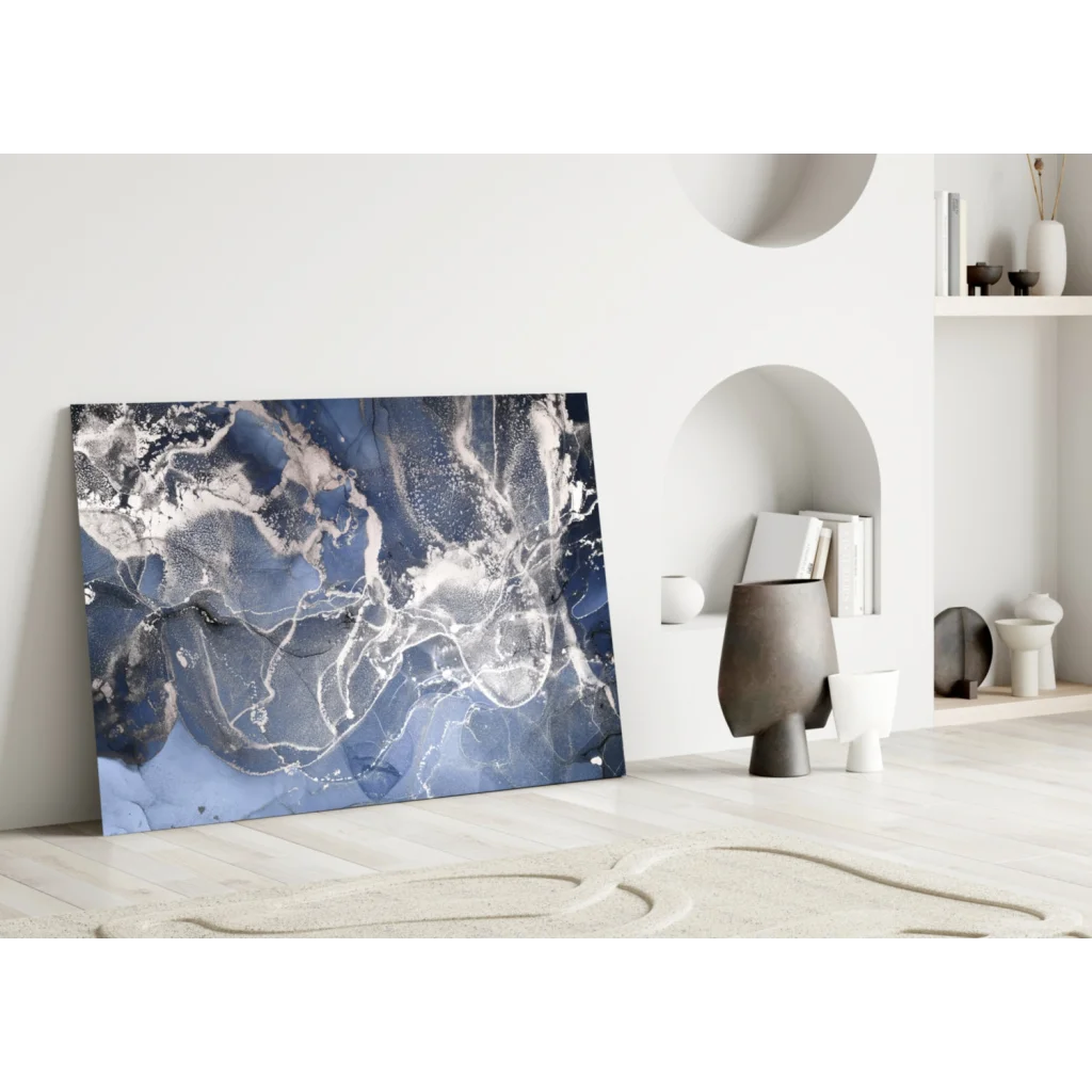 Stunning blue and white marble world map glass wall art canvas print