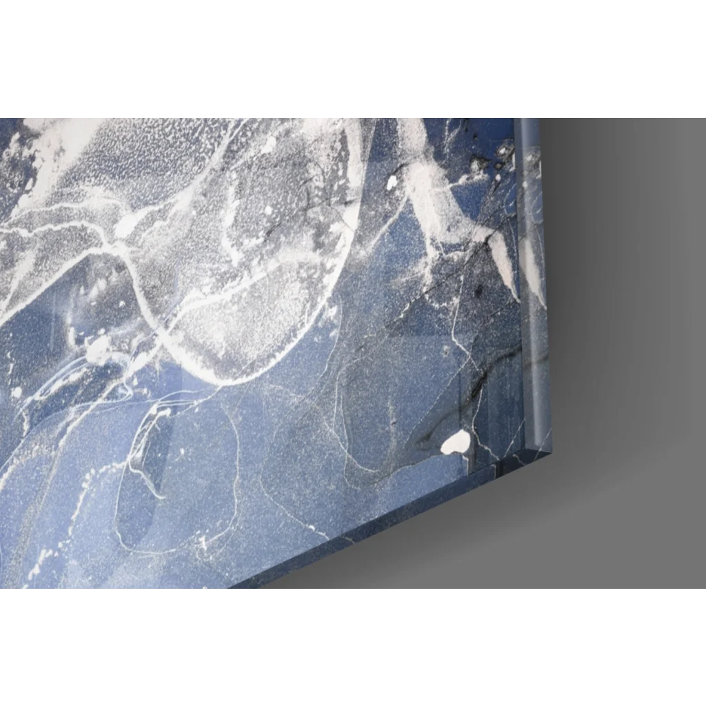 Stunning blue marble world map glass wall art with black veining