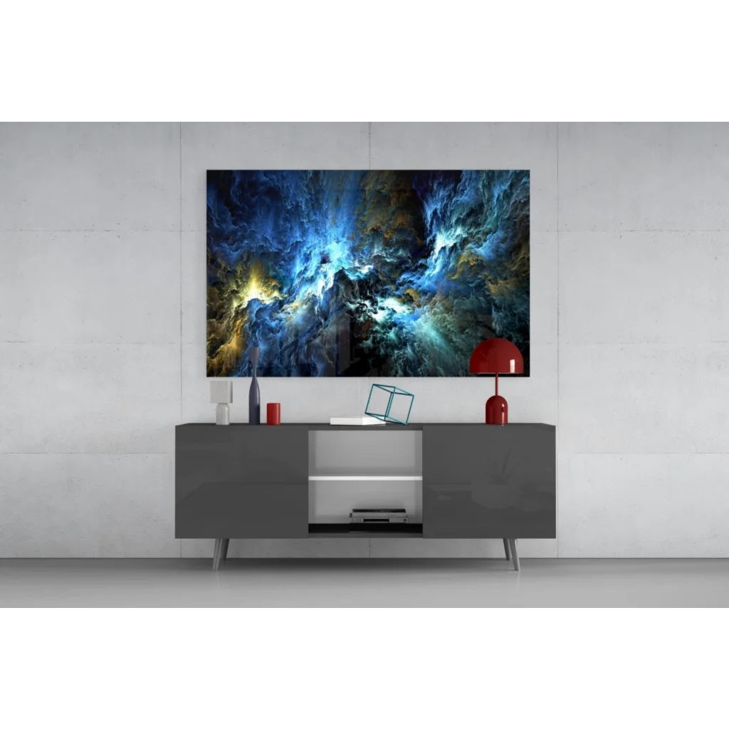 Vibrant Samsung QLED TV blue purple galaxy in sleek black frame glass wall art