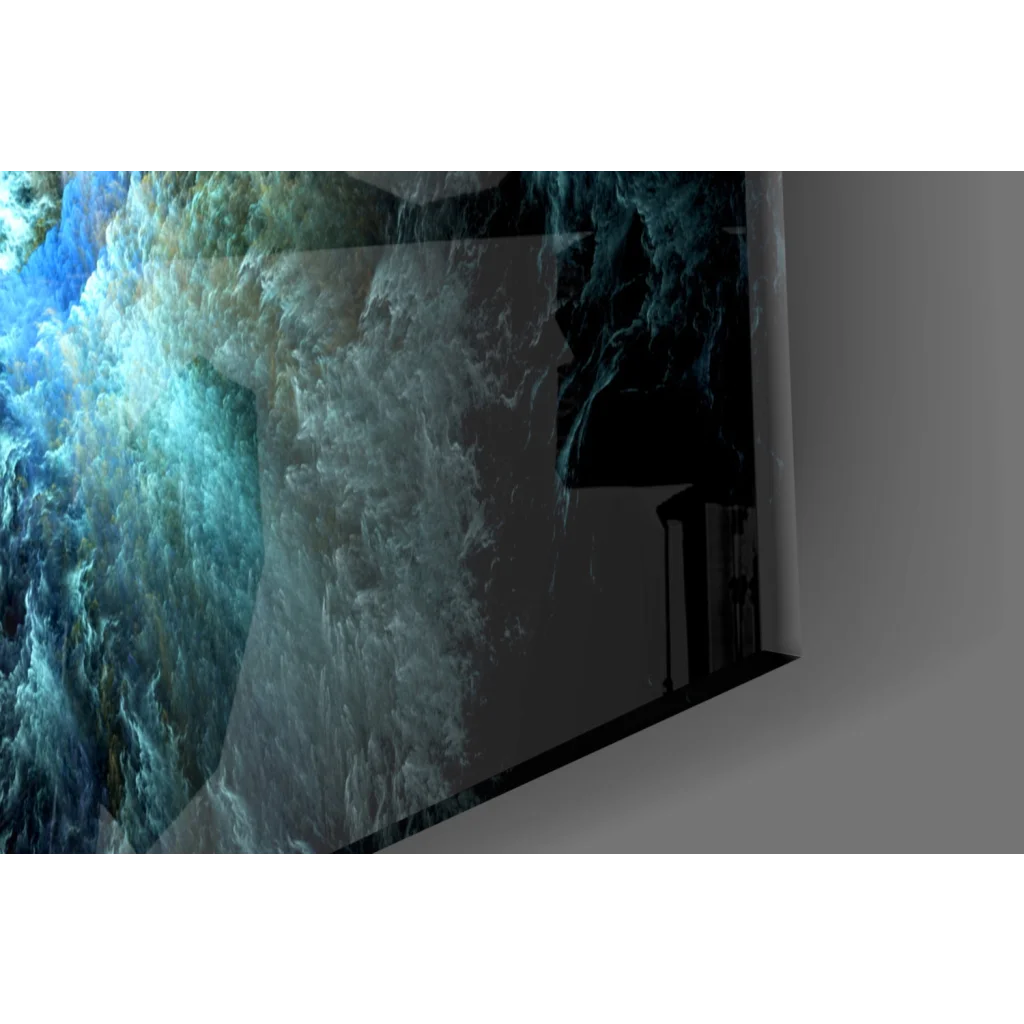 Stunning blue nebula glass wall art with ocean wave mural in black frame