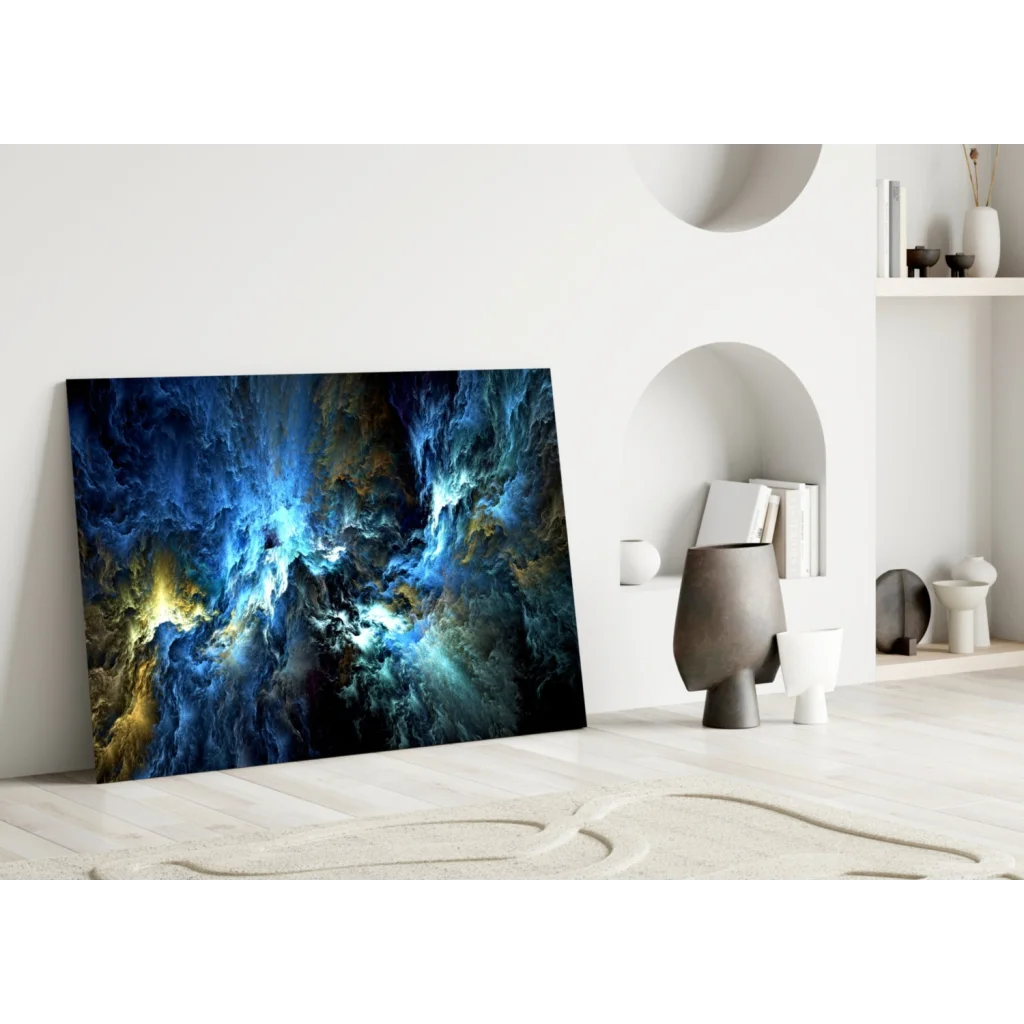 Samsung QLED 8K TV in stunning blue nebula glass wall art