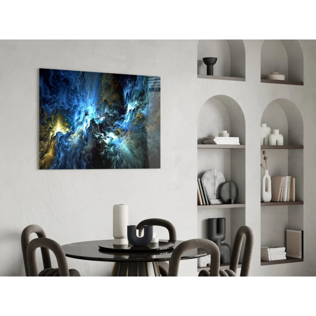 Stunning blue and yellow nebula glass wall art for modern spaces