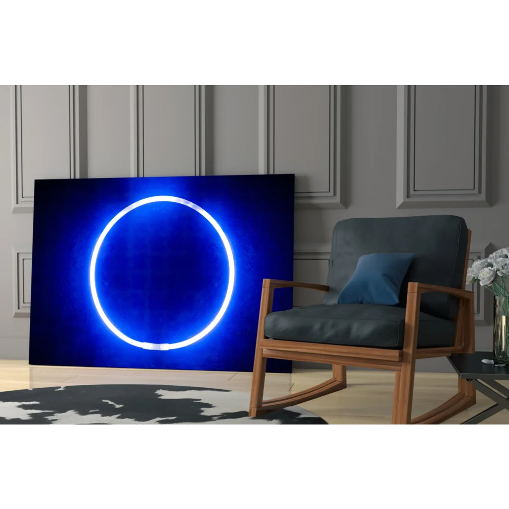Stunning blue neon circle glass wall art that glows