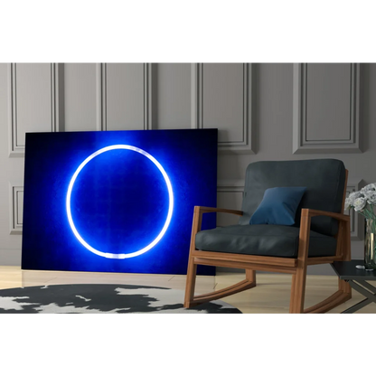 Stunning blue neon circle glass wall art that glows