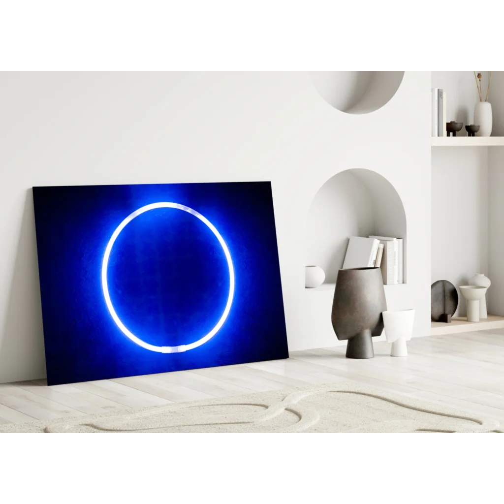 Stunning blue neon circle glass wall art that glows