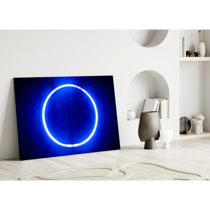 Stunning blue neon circle glass wall art that glows