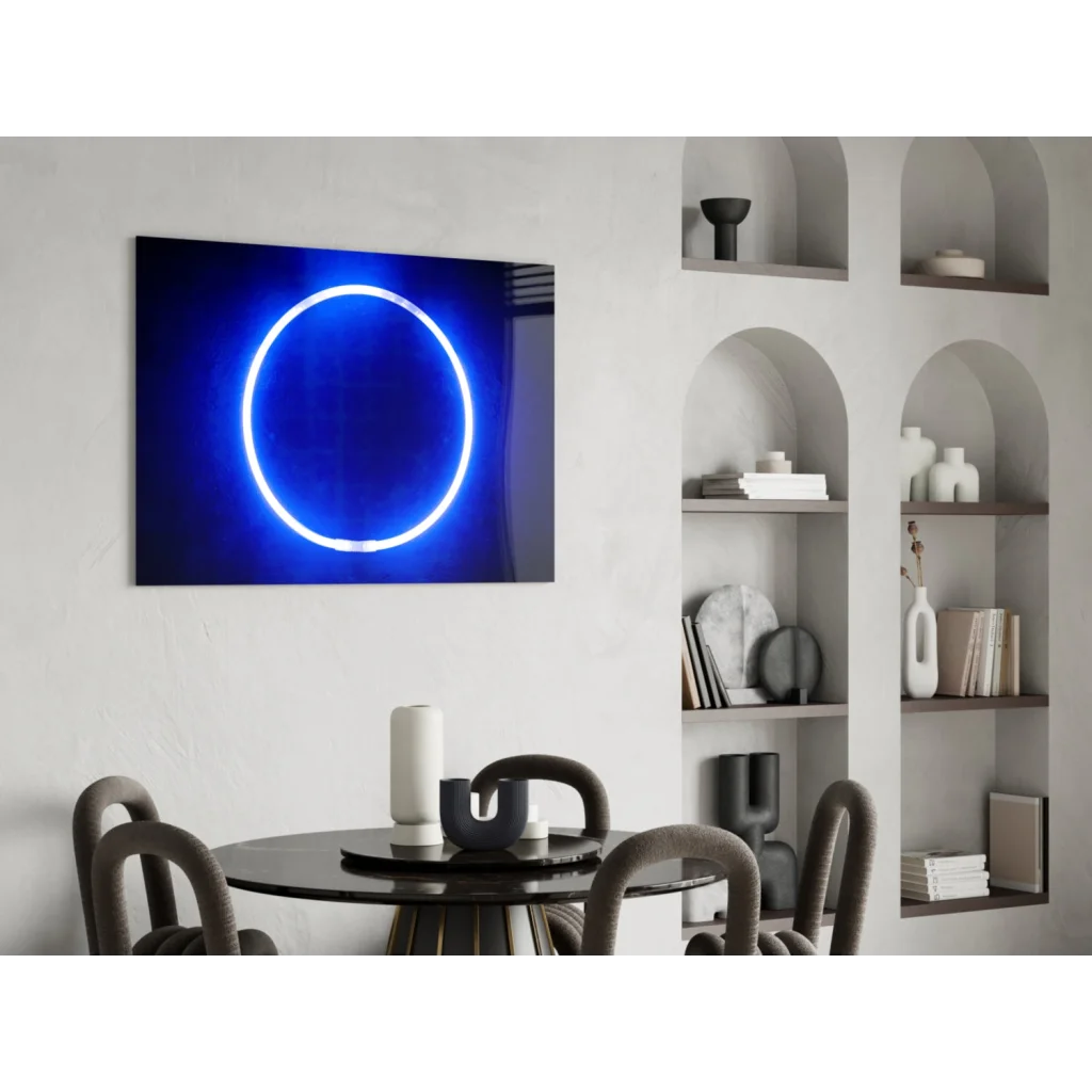 Stunning blue neon circle glass wall art that glows
