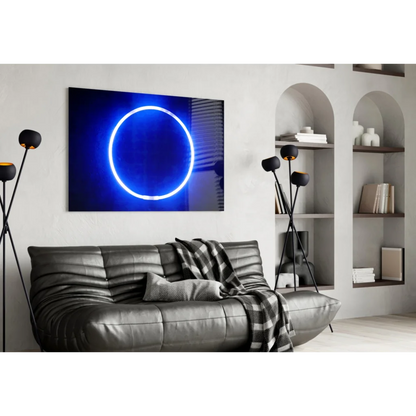 Stunning blue neon circle glass wall art that glows