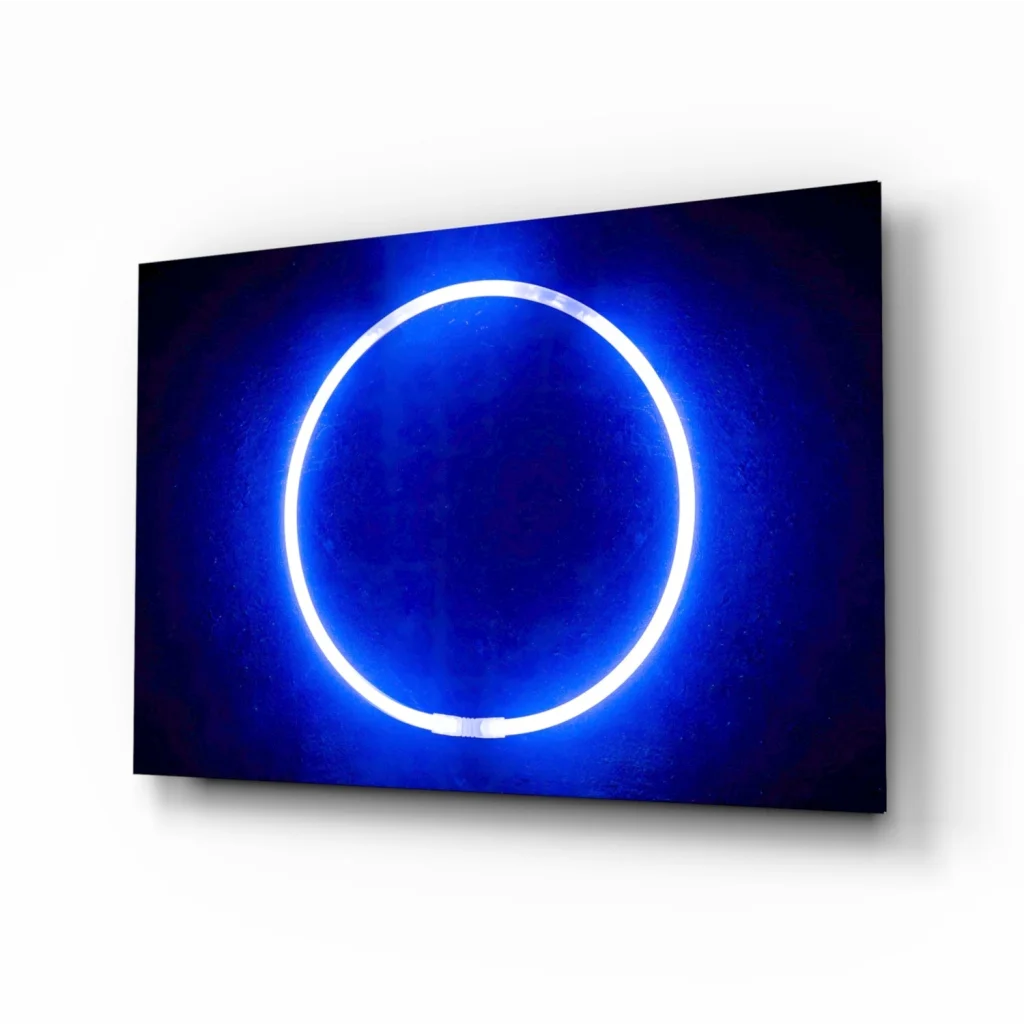Stunning blue neon circle glass wall art that glows