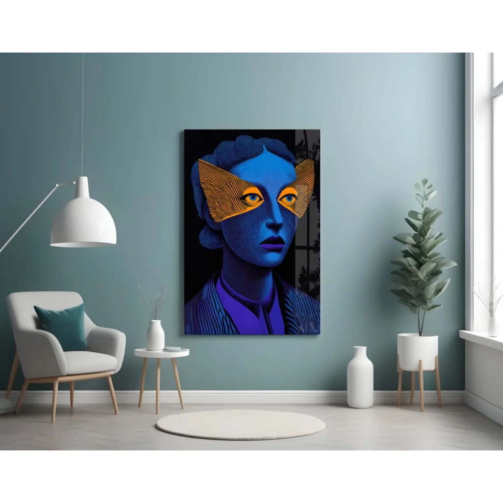 Stunning blue portrait glass wall art with golden wing eyes and purple accents