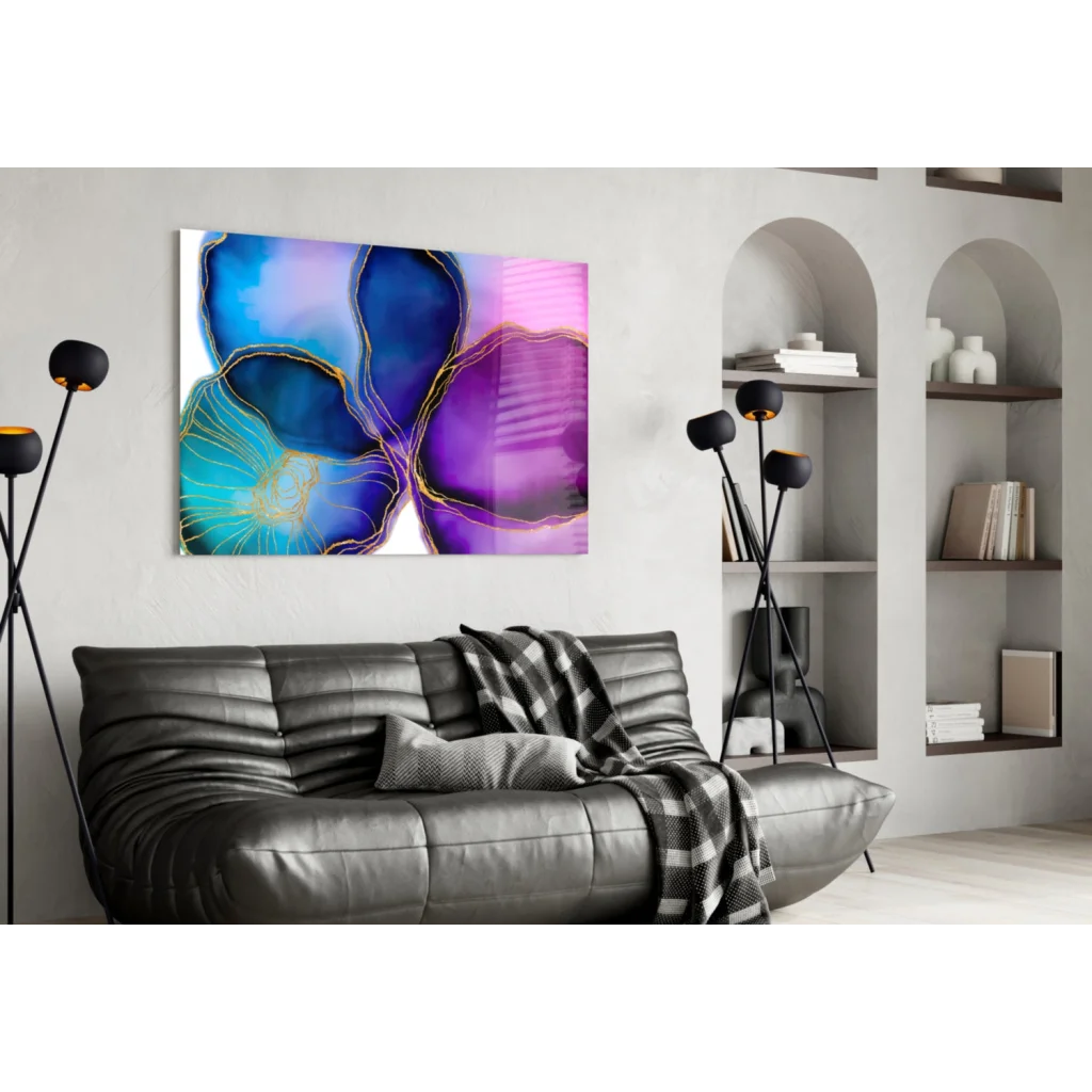 Stunning blue purple gold abstract glass wall art canvas