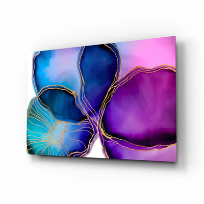 Vibrant blue purple teal glass wall art canvas with gold accents on pink