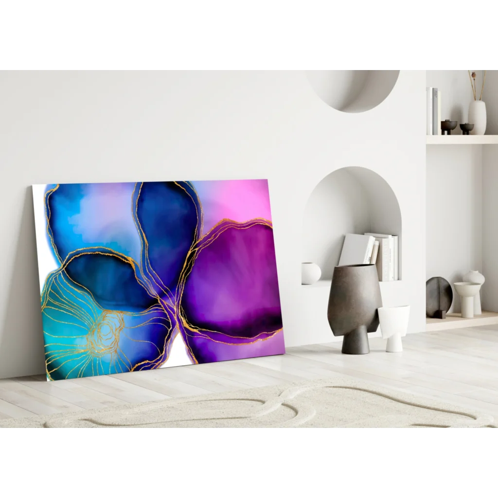Stunning blue purple gold abstract glass wall art canvas