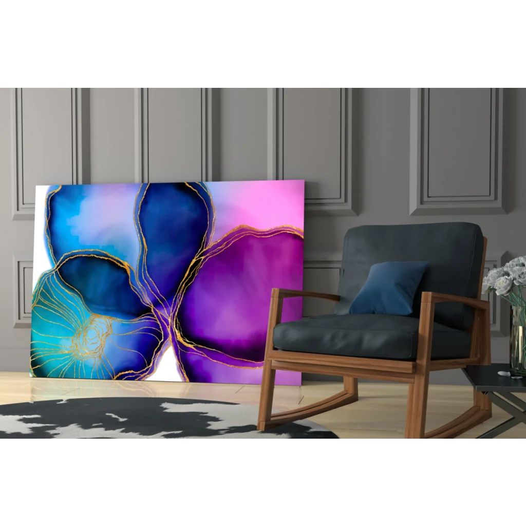 Vibrant blue purple gold abstract glass wall art canvas with modern floral design
