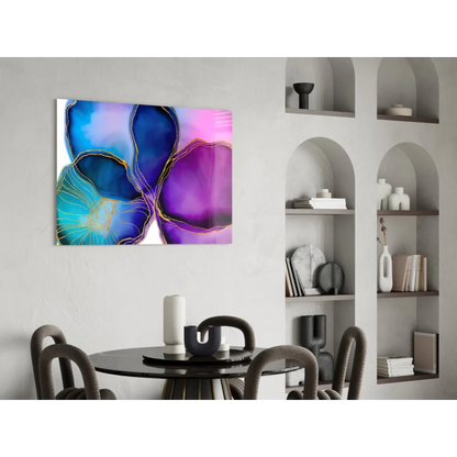 Vibrant blue pink purple abstract glass wall art canvas with gold accents