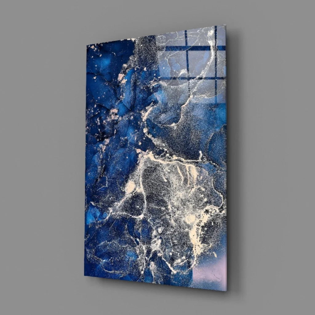Abstract blue and white marbled glass wall art panel