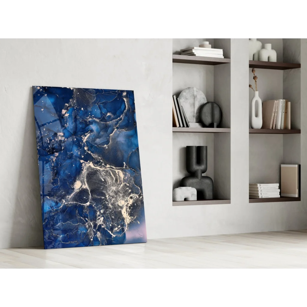 Stunning blue swirl glass wall art with marbled design on minimalist wall