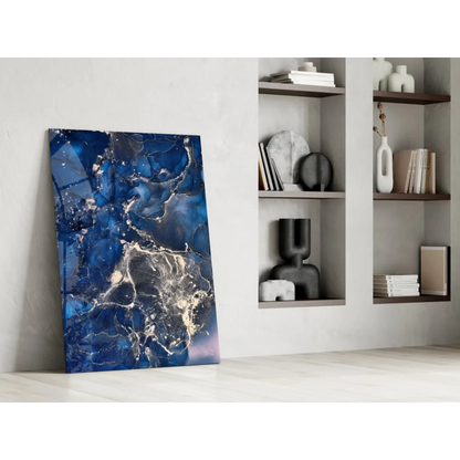 Stunning blue swirl glass wall art with marbled design on minimalist wall