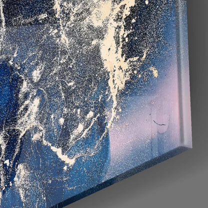 Stunning blue swirl glass wall art with white cream splashes on deep blue