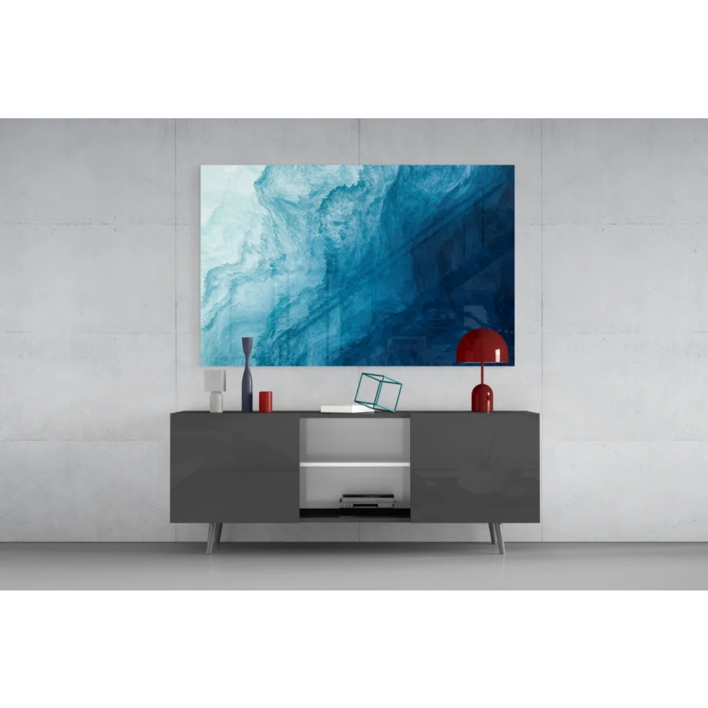 Stunning blue swirl glass wall art with turquoise gradients and glossy finish