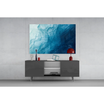 Stunning blue swirl glass wall art with turquoise gradients and glossy finish