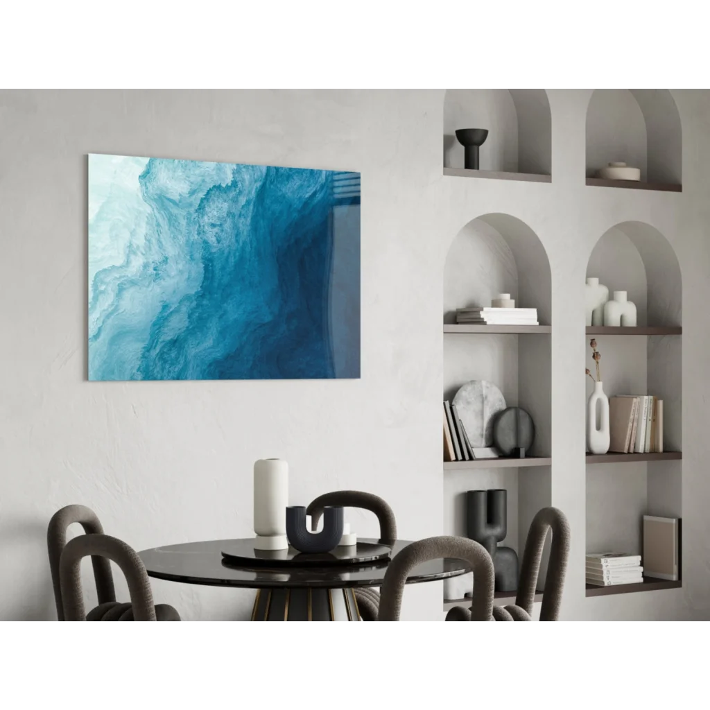 Stunning blue swirl glass wall art with turquoise gradients and marbled patterns