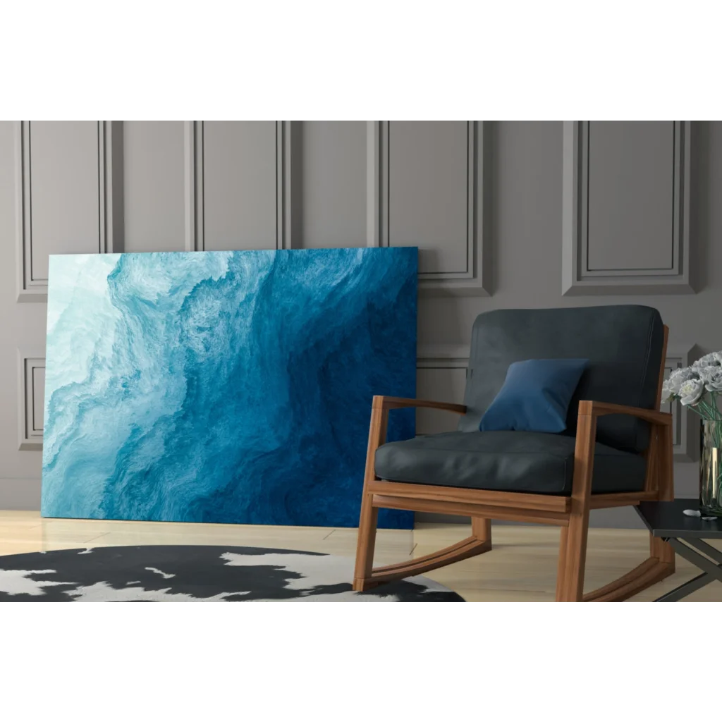 Stunning blue swirl glass wall art with turquoise gradients and abstract swirls