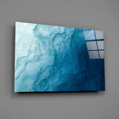 Stunning blue swirl glass wall art with turquoise gradients and reflective window