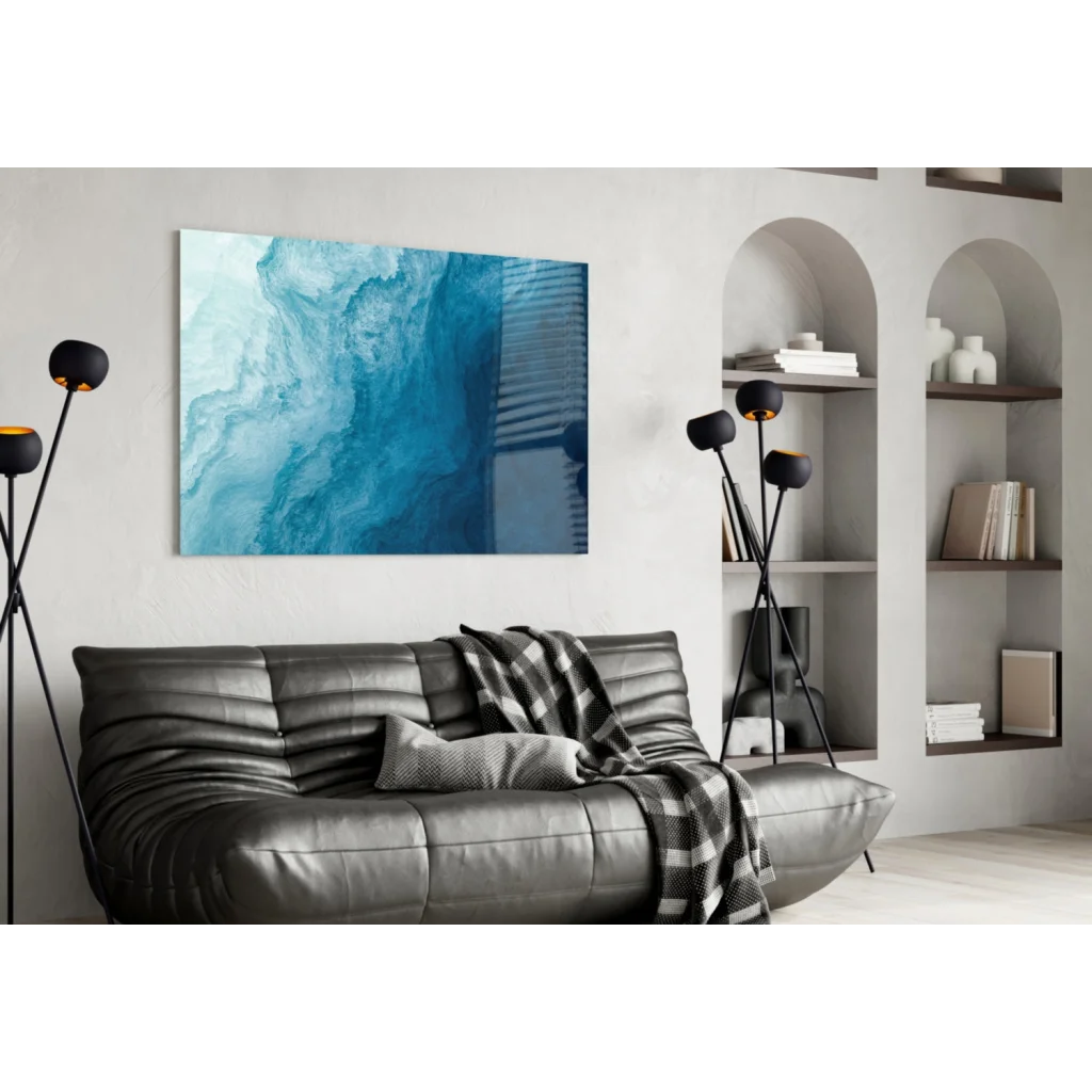 Stunning blue swirl glass wall art with turquoise gradients on canvas
