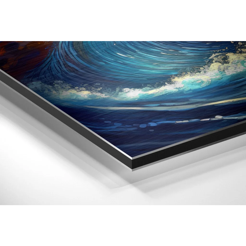 Stunning blue wave art print on brushed aluminium dibond with black frame