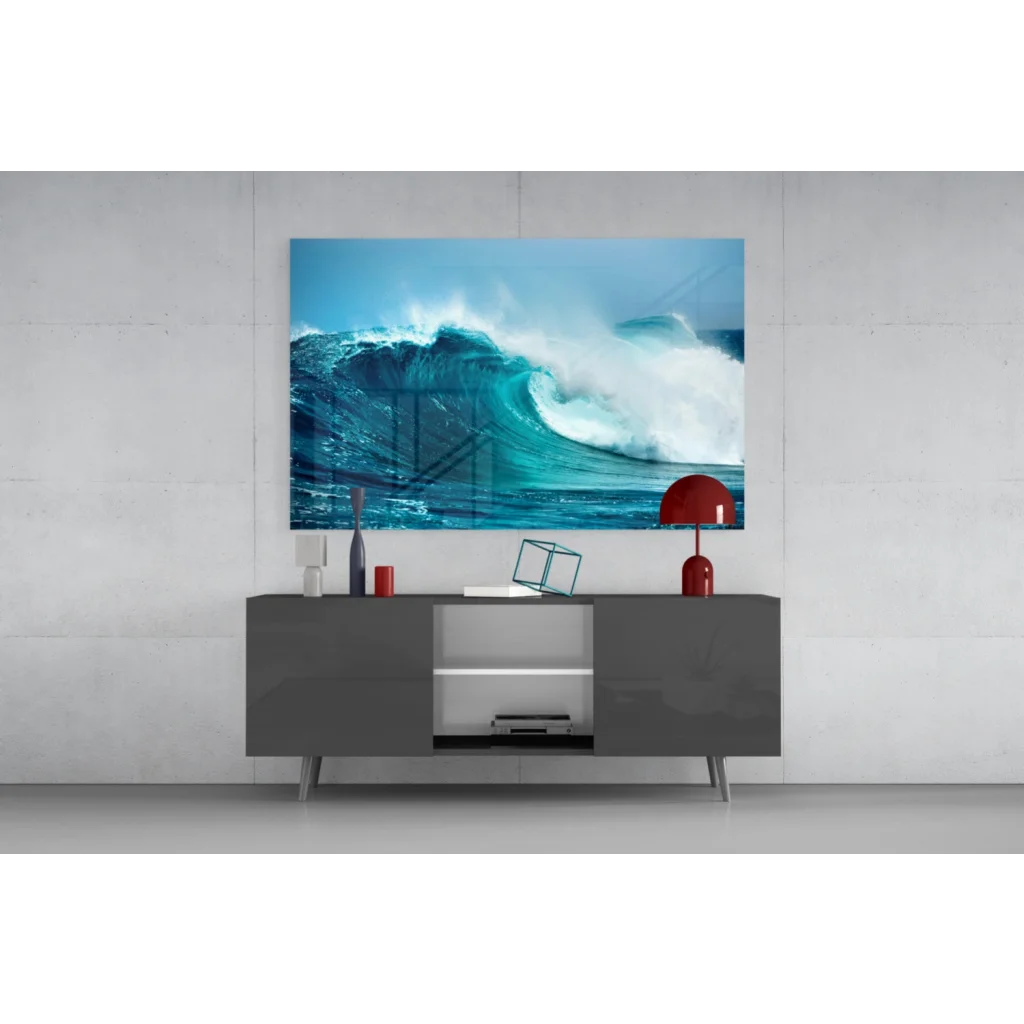 Modern gray sideboard with silver legs beside stunning blue wave wall art