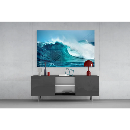 Modern gray sideboard with silver legs beside stunning blue wave wall art