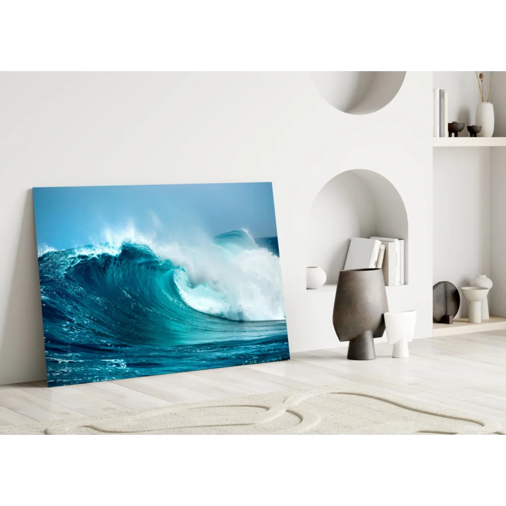 Stunning blue wave canvas wall art with textured ocean foam