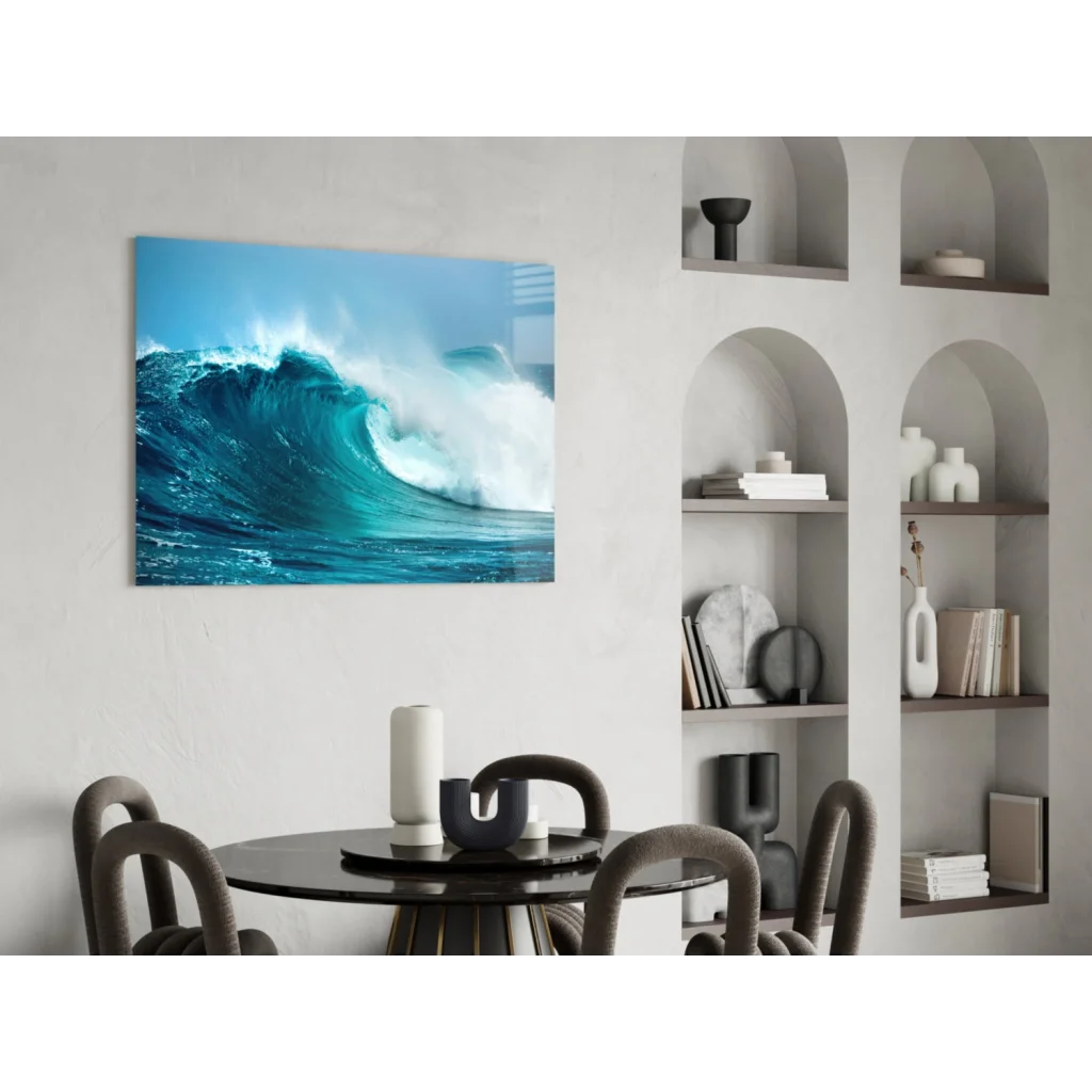 Stunning blue wave wall art with textured ocean foam design